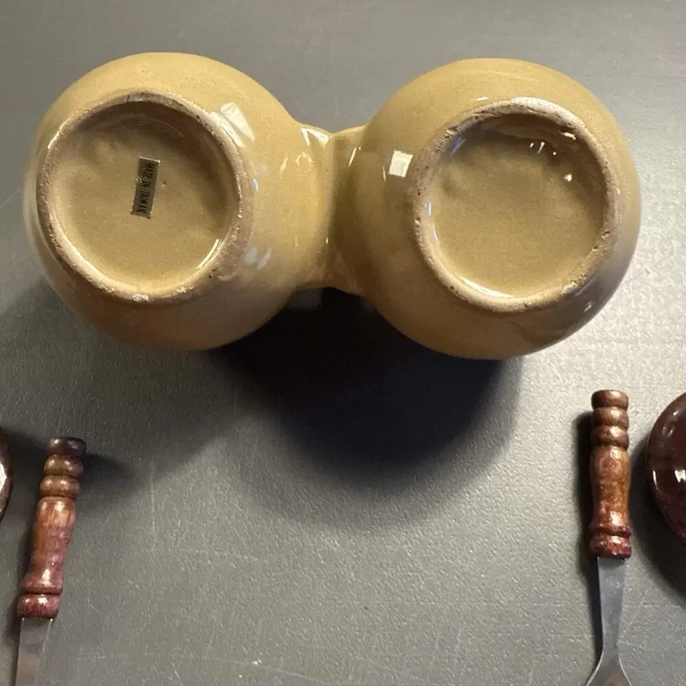 Vintage Stoneware Double Condiment Set, Marked Taiwan, MINT CONDITION w/spoons